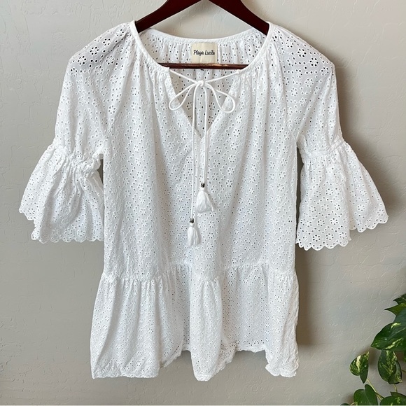 Playa Lucila white eyelet mini dress cover up, ellbow length puff sleeves,size M - Picture 4 of 13
